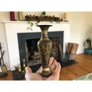 Vintage Designer Etched Brass Vase, Floral Brass Vase, Art